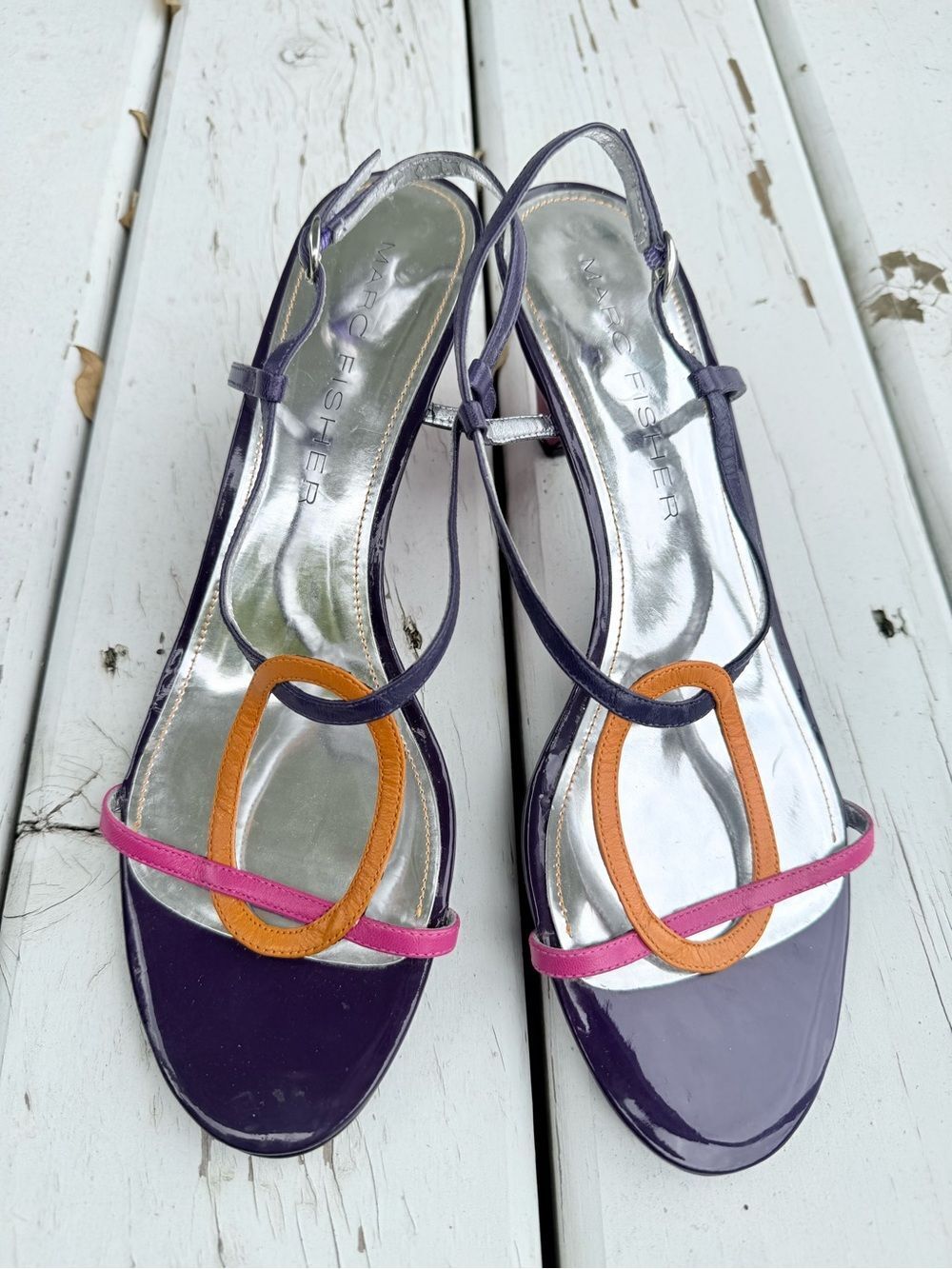 Marc Fisher Colorful Pink Purple Circle Strap Open Toe Wedge Heel Sandals